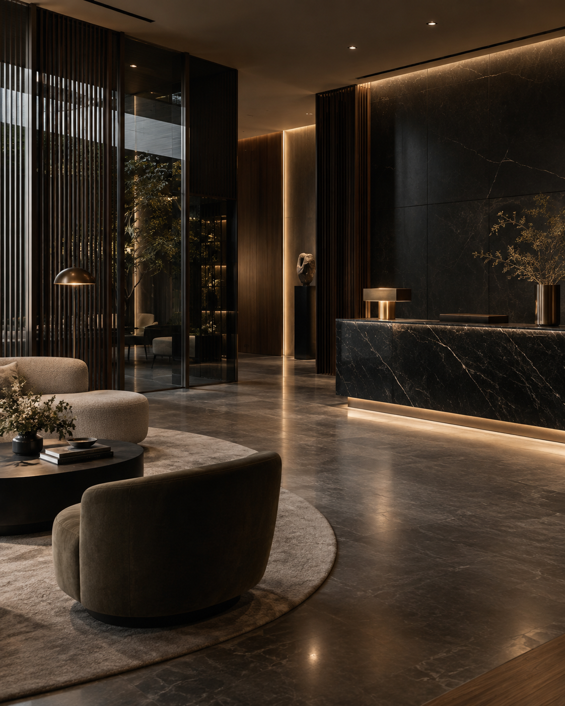 Lobby contemporanea scura in marmo e legno