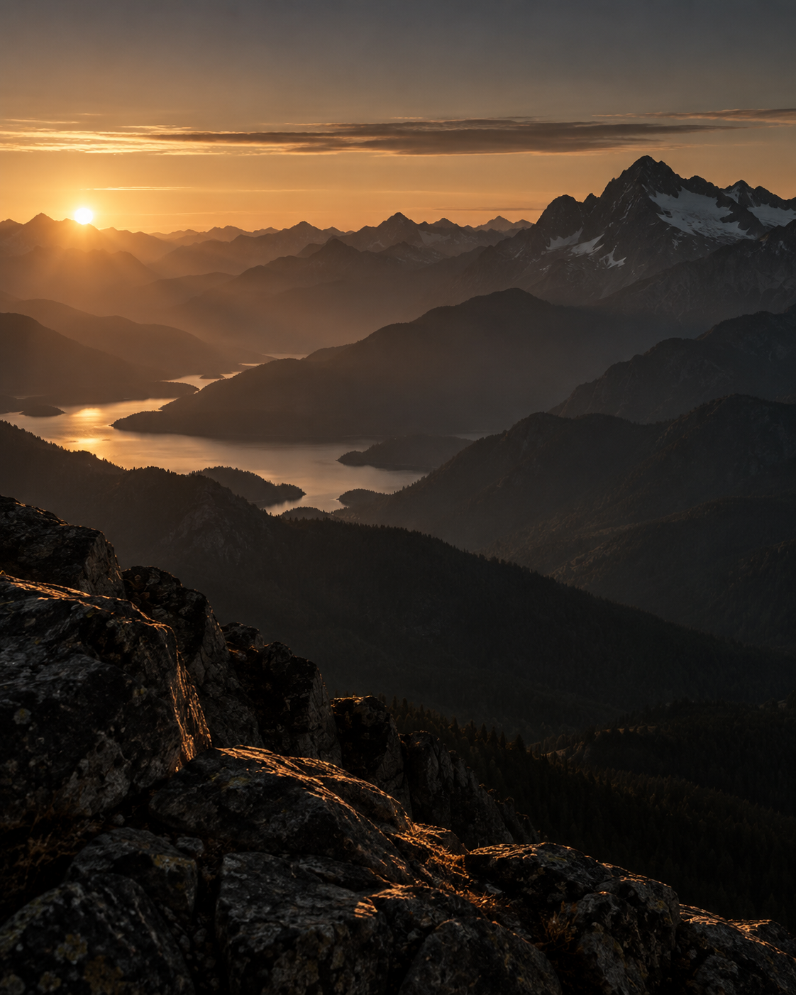 Panorama montano al tramonto con lago