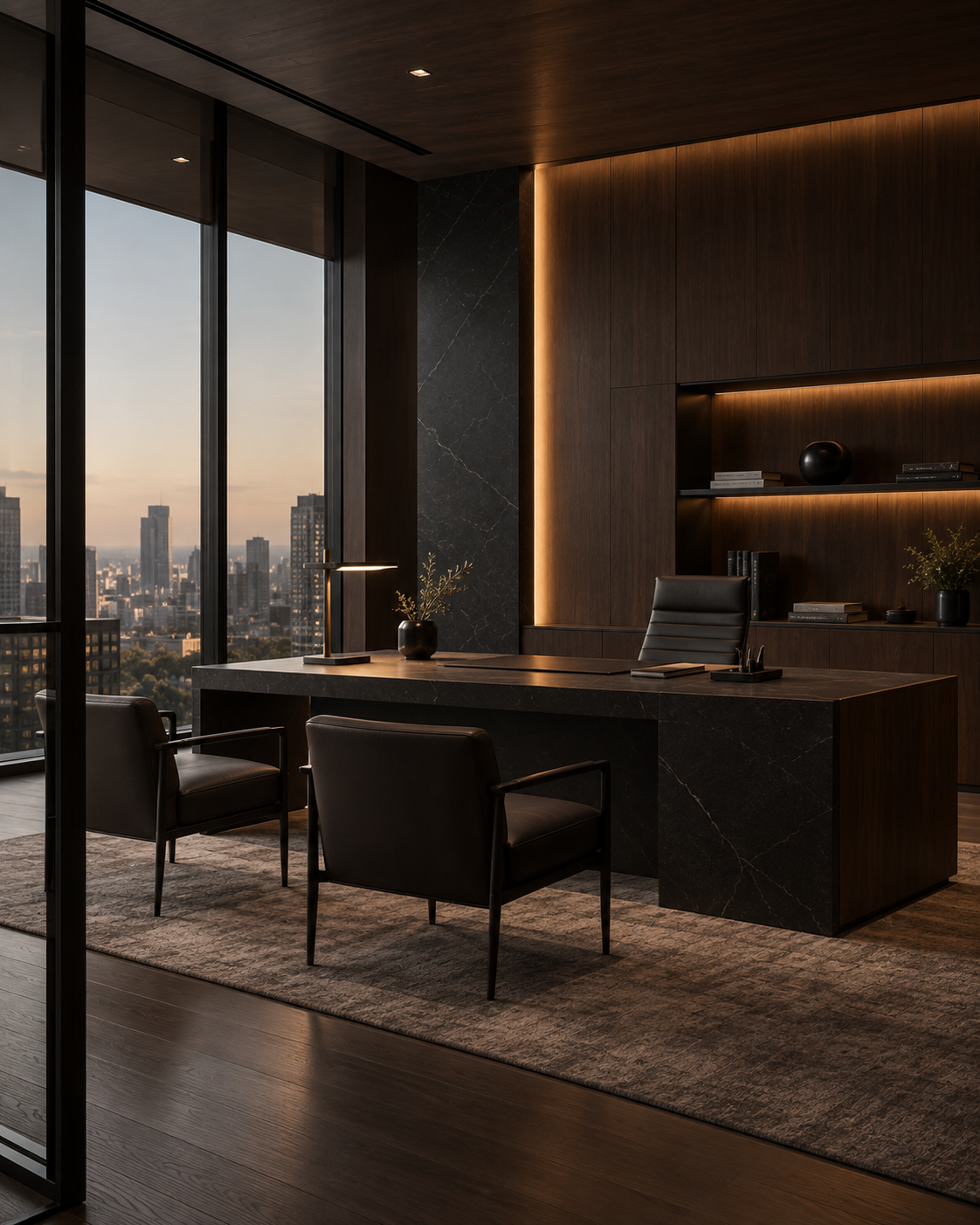 Ufficio executive contemporaneo in marmo scuro e legno