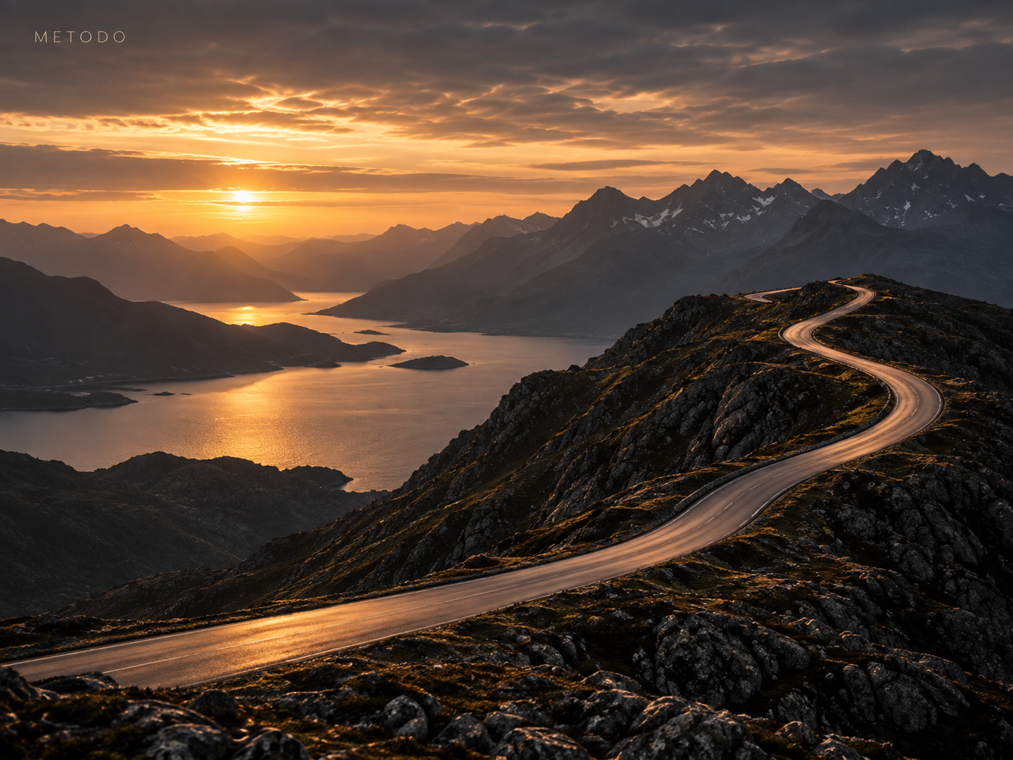 Strada panoramica tra montagne e acqua al tramonto, simbolo di prospettiva e visione di lungo periodo